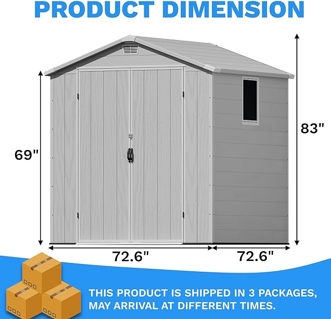 Greesum 6x6FT Plastic Outdoor Storage Shed with Floor, Resin Sheds with Lockable Double Door, Tool Sheds with Window and Vents, for Garden, Backyard, Patio, Light Gray