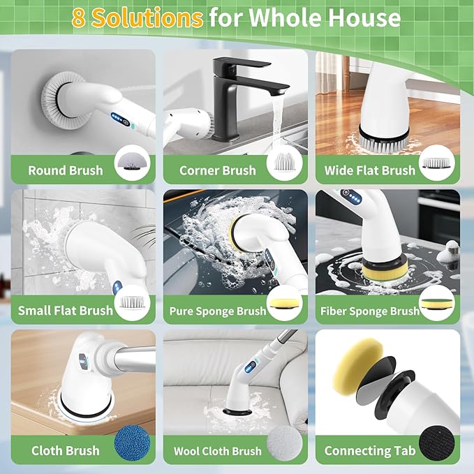 Electric Spin Scrubber - Household Cleaning Brush with 8 Heads, 51.2in Extendable Pole Bathroom Scrubber for Stubborn Grease on Grill, Stovetop & Bathtub, 90Min Runtime - Type B
