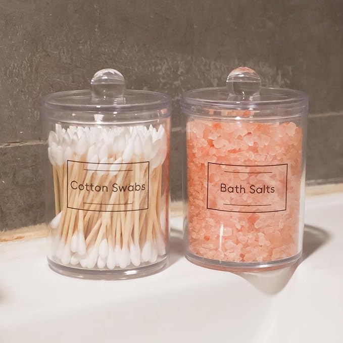 2 Pack Acrylic Qtip Holder Dispenser,Canisters Apothecary Jar Set, Vanity Makeup Bathroom Organizers and Storage Set, 10oz