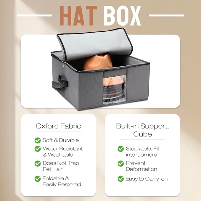 2 Pcs Hat Storage Box Upgrade Stackable Organizer with Lids Cowboy Hat Box Large Square Bag Foldable Closet Sheet Organizer Travel Container for Men Women(Grey)