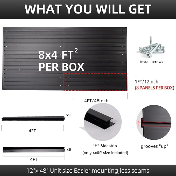 Slat Wall Paneling Garage Wall Organizer, Slatwall Panels Garage Tool Organizer Wall Mount Garage Slat Wall Storage Systems, Slat Board PVC Wall Panels Garage Storage (Black, 8ftx4ft)