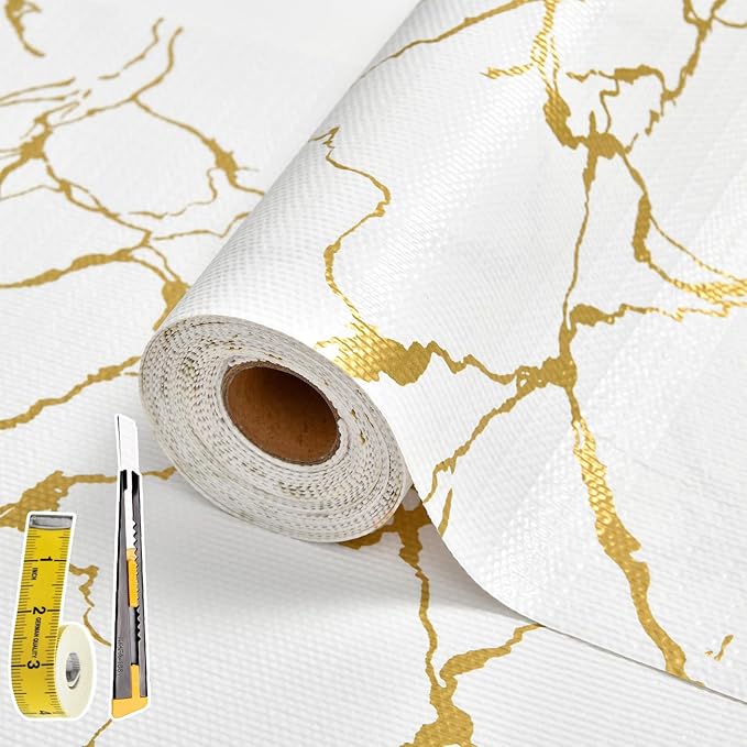 Drawer and Shelf Liner for Kitchen Cabinet Non Slip Waterproof Shelf Paper 23.6 in X 20 Ft Non Adhesive Refrigerator Liners Gold White Marble Easy Liners for Bathroom Cupboard