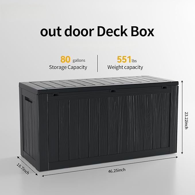 Outdoor Storage Deck Box Waterproof,80 Gallon Lockable Patio Package Delivery Bin as Seat, Resin Storage Container Bench for Furniture Cushions, Pool Accessories, Garden Tools, Black