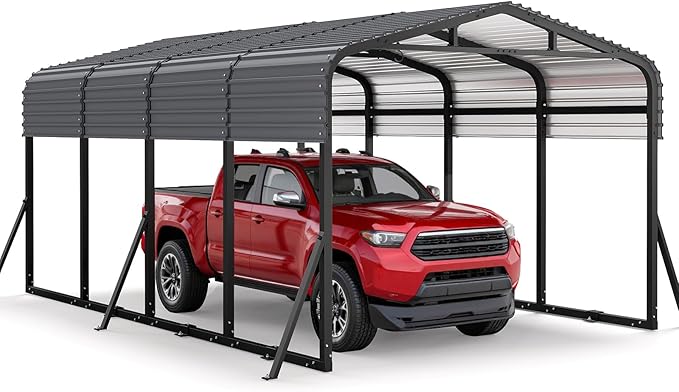 12x20FT Heavy Duty Metal Carport, Outdoor Portable Car Garage w/Reinforced Support Rods & Windproof Ground Anchors, All-Season Versatile Outdoor Shelter for Car Boats Truck