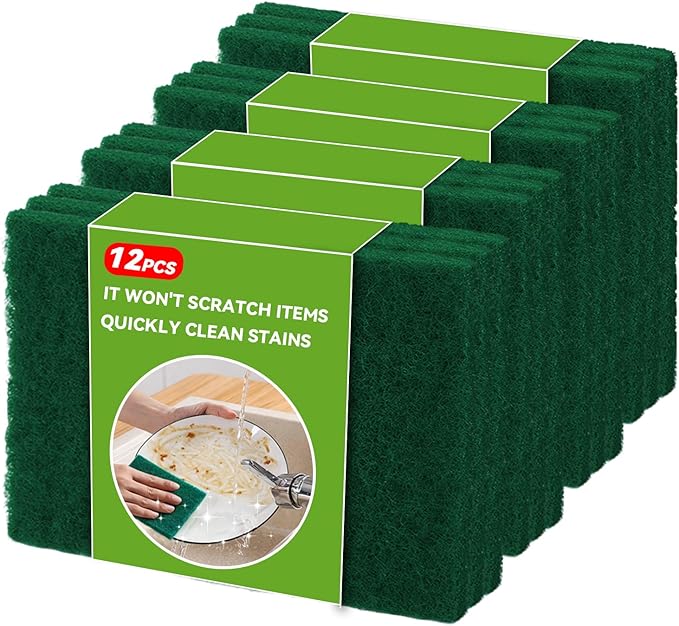 12-Pack Green Scrub Pads (5.91"x3.94"x0.24") - Non-Scratch Oil-Resistant, Multi-Functional for Kitchen/Bathroom/Grill & Oven