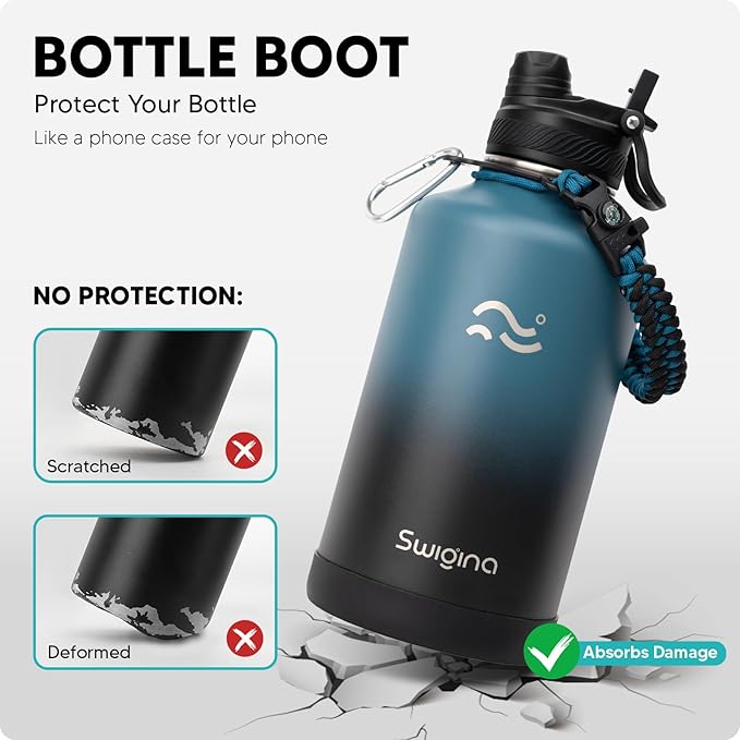 [2-IN-1 LID] 64 oz Insulated Water Bottle with Silicone Boot (48hrs Cold/24hrs Hot) - DIY Stickers, Leakproof, BPA Free, Half Gallon