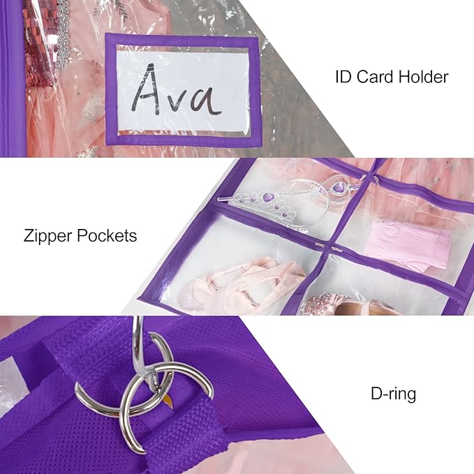 Univivi Clear PVC Dance Costume Bags Garment Bag 40 Inch for Dance Competitions, with 4 Medium Clear Zipper Pockets and 1 Large Back Zippered Pocket (12 Pack, Clear Purple)
