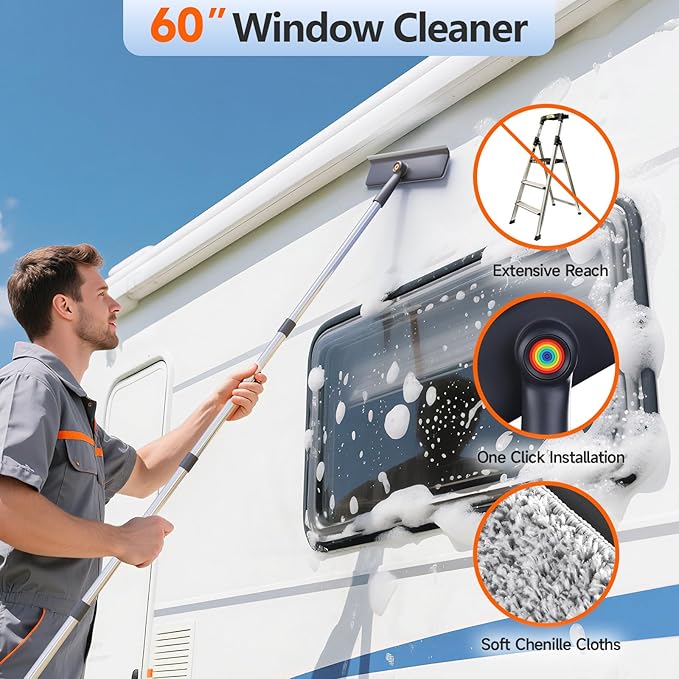 CTIME 62‘’ Window Washing Kit : 3 in 1 Window Squeegee for Home, Window Cleaning Kit with Scrubber&Rotating Head, Glass Cleaning Tools for Indoor/Outdoor with 3 Microfiber Cloths | Screen Brush