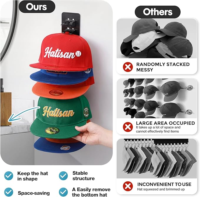 2 Pack Hat Organizer for Baseball Caps, Detachable DIY Hat Rack for Wall Hat Holder Hold up to 22 Hats, Baseball Cap Organizer Cap Holder Hat Hangers for Wall Closet Door Bedroom (C-Black)