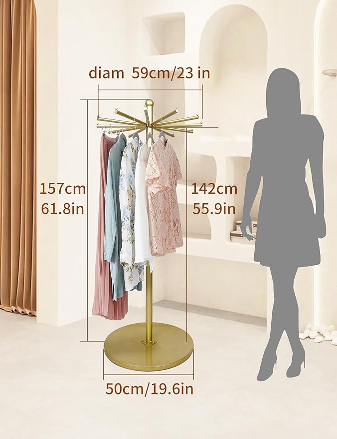 23-Inch Heavy-Duty Metal Rotating Rack | 12-Arm Freestanding Scarf Display Rack,With Adjustable Pad Base, Scarf, Bag, Fabric Storage Organizer, For Boutique, Retail & Home,Gold