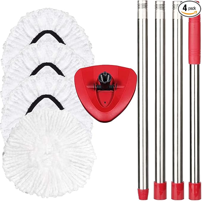 Spin Mop Replacement Set - 4 Microfiber Heads, Base, 30-58'' Handle Compatible with OCedar EasyWring - White (1 Can System)