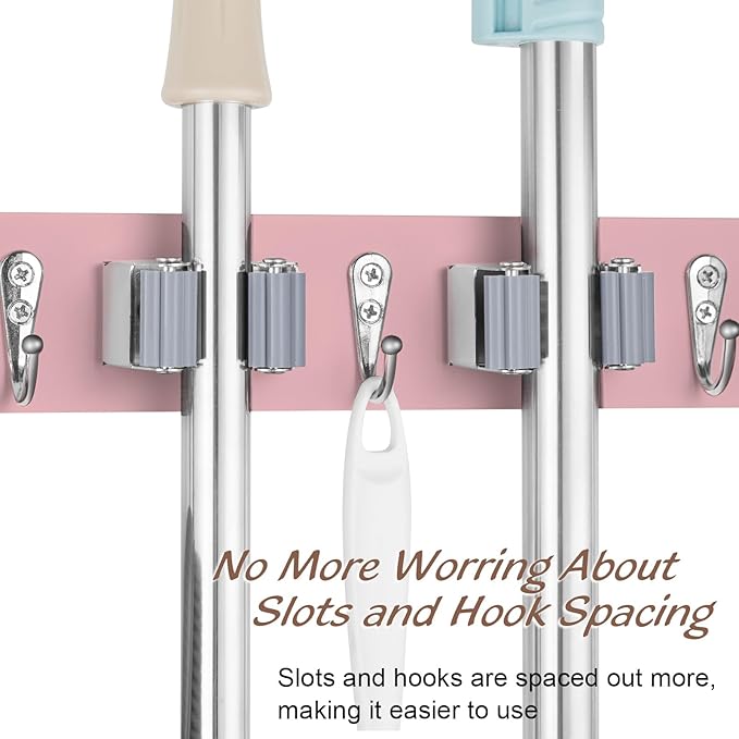 Pink Mop Broom Holder Wall Mount with 4 Slots & 4 Hooks - Wood Broom Mop Hanger for Pantry Closet Laundry Room Kitchen Organization - for Pink Kitchen Decor and Accessories