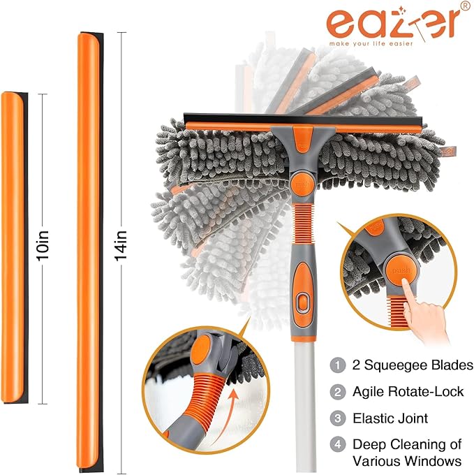 Eazer Squeegee Window Cleaner Tool, 2 in 1 Rotatable Window Cleaning Squeegee Kit with Extension Pole, 62'' Window Washing Kit, Bendable Head for Car Glass - 2 Scraper