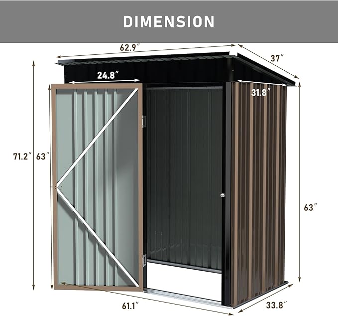 LEMBERI 5x3 FT Outdoor Storage Shed with Floor,Tool Garden Metal Sheds with Lockable Door,Outside Waterproof Galvanized Steel Storage House for Backyard Garden, Patio, Lawn Brown