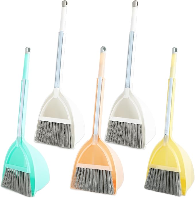 5 Pcs Mini Broom with Dustpan Children Broom and Dustpan Toddler Cleaning Set Small Cleaning Plastic for Kitchen Bathroom Pet, 4 Colors