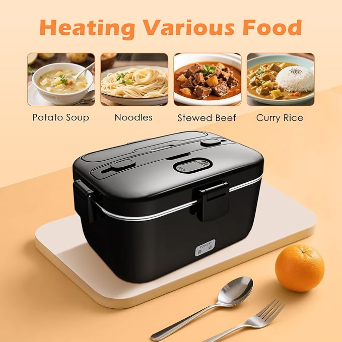 Electric-Lunch-Box-Heated-Food-Warmer 100W Heating Lunchbox for Adults 1.8L Portable Food Heater for Work/Car, 12V/24V/110-230V Lonchera Eléctrica Portátil with Fork Spoon (Black)