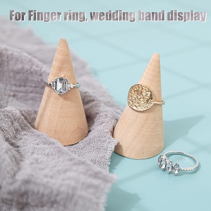 Framendino, 10 Pack Natural Wood Cone Ring Holder Finger Jewelry Display Stand Organizer for DIY Craft (Tilted Shaped)