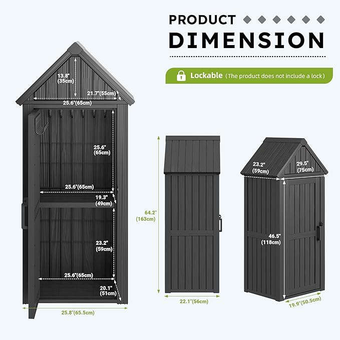 Outdoor Storage Shed with Removable Shelves, Waterproof Resin Outdoor Storage Cabinet for Small Patio, Balcony, Backyard, Vertical Storage Shed with 12 Hooks for Garden Tools, Grilling Supplies, Black