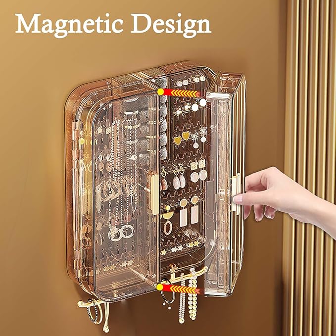 Wall Mounted Jewelry Organizer, No Punching Installation, Hanging Jewelry Organizer Box and Storage Case, Necklace Earring Holder Organizer Wall for Women Teen Girls (Mocha Brown)