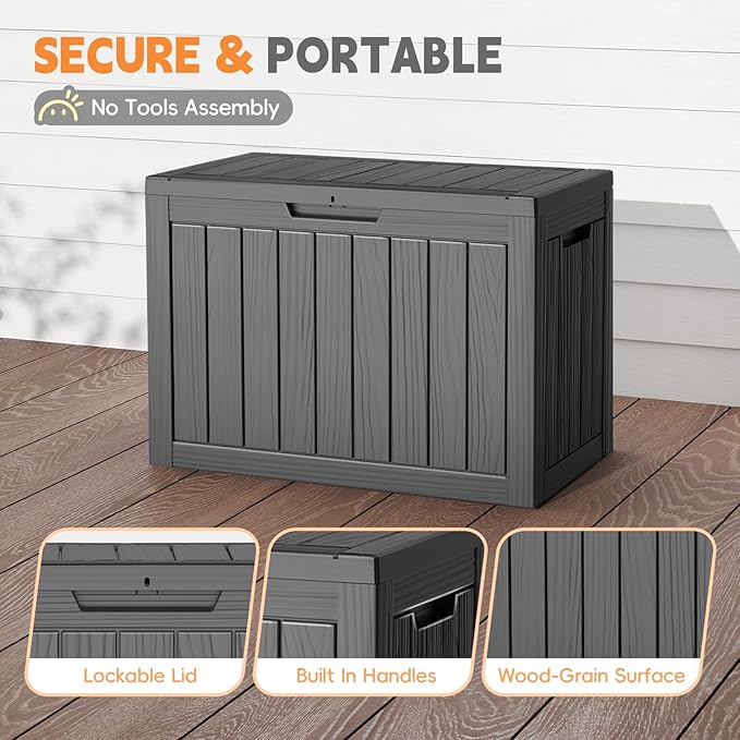 Outdoor Storage Box, 50 Gallon Deck Box Waterproof, Resin Patio Storage Bin for Package Delivery, Patio Furniture Cushion, Garden Tools, Pool Accessories, Weatherproof, Black