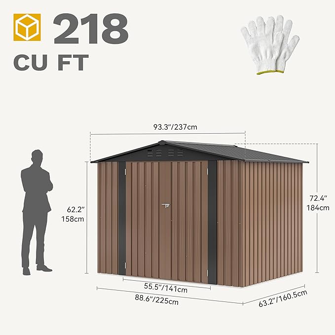 DWVO 8x6FT Outdoor Storage Shelter, Roomy Steel Tool Shed with Secure Entrances & Air Circulation for Patio, Lawn, and Backyard, Ideal for Storing Garden Gear, Lawn Tools, and Bikes, Brown