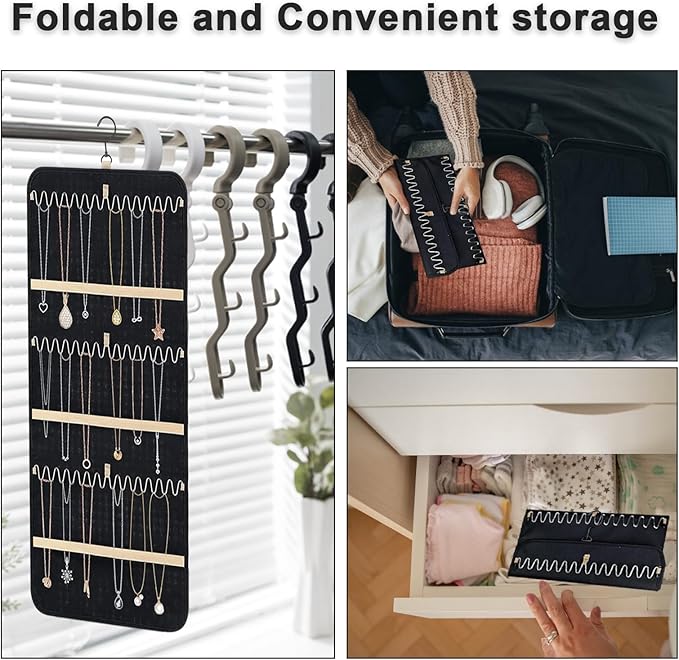 Longzhuo Jewelry Organizer, 2 Sided Necklace Holder, with 360 Degree Rotating Hook, Jewelry Holder for Travel, Earrings, Necklaces, Rings on Closet, Wall, Door, Black (14.17 x 32.28 inches)