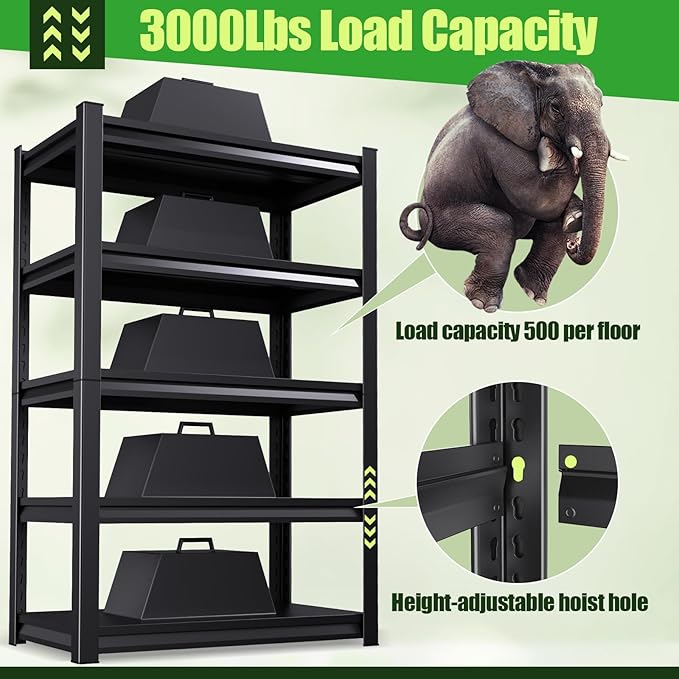 72" H Garage Shelving,Heavy Duty Garage Storage Shelves,Metal Shelving Unit,5 Tier Adjustable Steel Utility Shelf,Use for Basement,Warehouse, Pantry Closet,Black