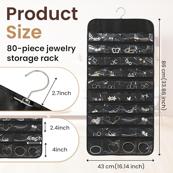 Black Hanging Jewelry Organizer, 80 Clear Pockets Double-Sided Jewelry Holder, Wall Door Closet Hanging Storage for Earrings Necklaces Rings, Suitable Gift for Women