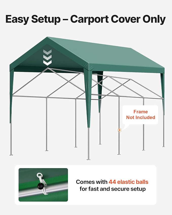 VEVOR Carport Replacement Canopy Cover, 10 x 20 ft Potable Garage Tent Top Tarp, UV-Resistant & Waterproof Car Shelter Tarp, Heavy Duty Car Port Cover with Ball Buggees, Dark Green, Frame Not Included