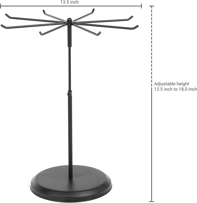 MyGift Black Metal Rotating Necklace and Bracelet Organizer Jewelry Stand with 8 Hooks and Adjustable Height, Multipurpose Accessory Keychain Holder Display Rack for Retail