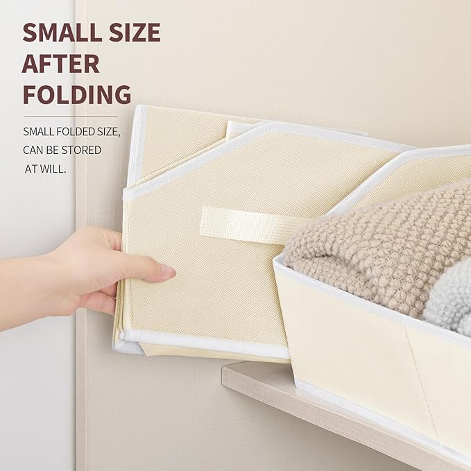Storage Bins for Shelves - Small Trapezoid Closet Shelf Organizer, Fabric Organization Bins with Handles, Storage Baskets for Clothes, Towel, Purse, 6 Pack, Beige