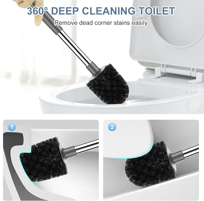 SetSail Toilet Brush and Holder 3 Pack, Self Closing Lid Toilet Bowl Brushes Holder Extra Long Handle Ventilated Toilet Brush Set for Bathroom Cleaning, Nylon Bristles, Grey