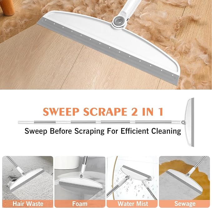 Multifunction Magic Broom, 54 Inch Adjustable Long Handle Silicone Floor Squeegee, Sweep and Scrape 2 in 1 Household Cleaning Broom for Floor, Bathrooms, Kitchens, Showers, Pet Hair, Glass,White