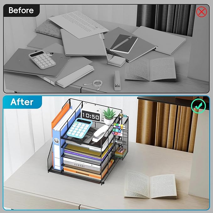 5-Tier Paper Organizer + File Holder + 4 Pen Holders, Desk Organizer Paper Letter Tray for Home, Office and School Supplies, Black