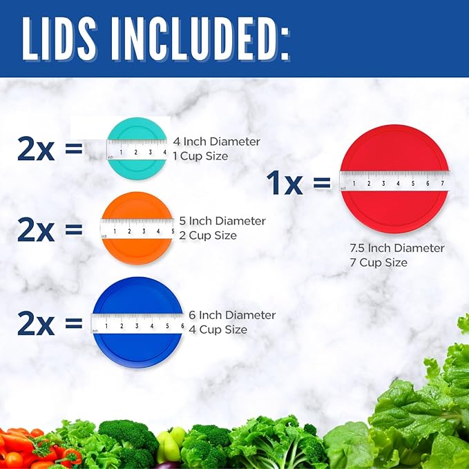 Replacement Lids for Pyrex Glass Food Storage Containers Round Plastic (2) 7202-PC 1 Cup Green (2) 7200-PC 2 Cup Orange (2) 7201-PC 4 Cup Blue (1) 7402-PC 6/7 Cup Red