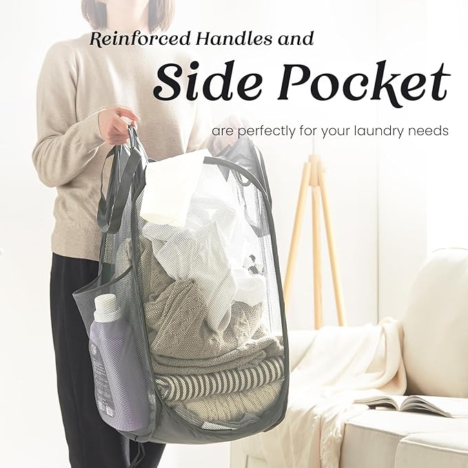 TECHMILLY Collapsible Mesh Pop Up Laundry Hamper with Sturdy Handles and Side Pocket - Portable Foldable Clothes Baskets for Dorm, Bathroom & Travel Storage (Grey, 2 Packs)
