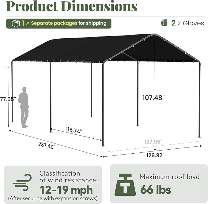 GOJOOASIS 10x20 Carport Heavy Duty Portable Garage Shelter Metal Car Canopy Tent with UV-Resistant & Weatherproof Top Cover for RV & Vehicles (Black, 10x20 Without sidewalls)