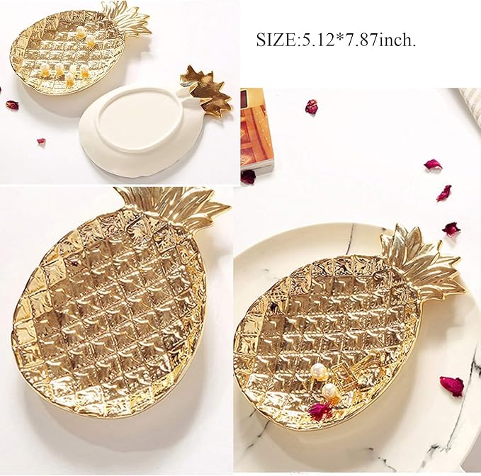 Ceramic Jewelry Pineapple Trays,Electroplated Golden Pineapple Plate,Home Decor Dish Wedding Birthday Xmas Gift (Gold)