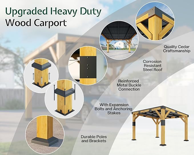 Jocisland 10x12x8 FT Cedar Wood Carport, Heavy Duty Canopy Carport with Sloped Galvanized Steel Roof for All Weather, Permanent Shelter for Tractor, Motorcycle, Bike & Garden Tools