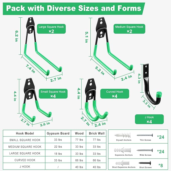 Garage Hooks, 20-Pack Steel Garage Accessories for Organization and Storage, Heavy Wall Mount Duty Hooks with Anti-Slip Coating for Hanging Ladder, Bike, Power Tools and More Tools, Green