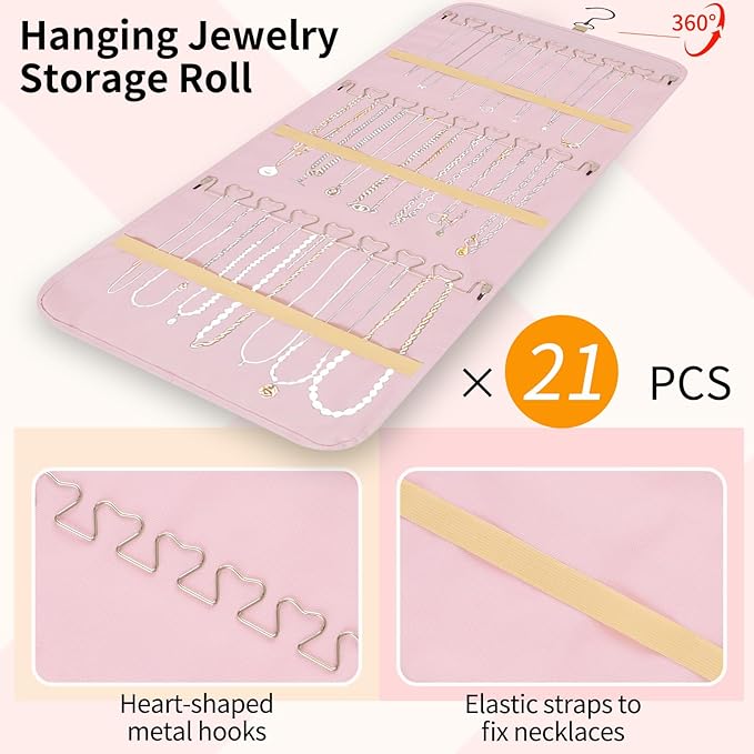 Bloss Hanging Jewelry Organizer with 48 Pockets, Double-Size Hanging Jewelrys Holder with Hanger Hooks, Jewelry Organizers and Storage for Earrings, Necklaces and Rings,Pink