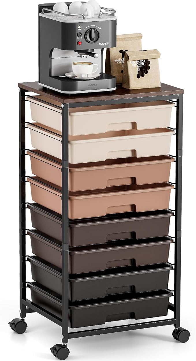 TOOLF Rolling Carts with Wheels, 8-Drawer Utility Cart, Wooden Tabletop Storage Cart for Office, Arts & Crafts, Classroom, Bedroom, Brown