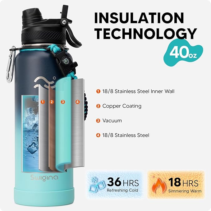 [2-IN-1 LID] Insulated Water Bottle with Silicone Boot (36hrs Cold/18hrs Hot) - DIY Stickers, Leakproof, BPA Free, 40 oz