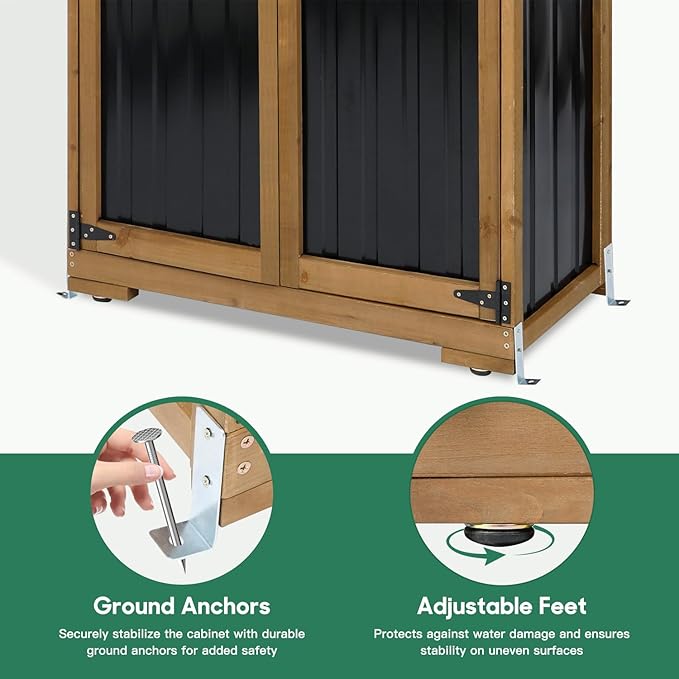 Outdoor Storage Cabinet, Wood & Metal Storage Shed with Weather-Resistant Roof, Adjustable Shelf, Lockable Doors & Adjustable Feet, for Garden, Patio, Backyard, 27.5" x 13" x 67"