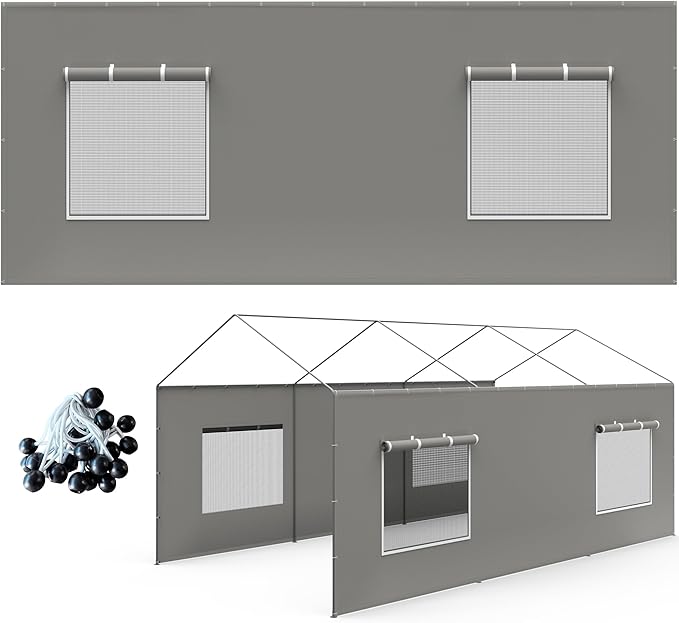 Carport Canopy Replacement Sidewall 20x6.6 FT Fits 10x20, 12x20, 20x20 FT Carport with Roll-up Windows, Waterproof & UV Protected, Easy Assembly with Ball Bungees, Grey (Sidewalls Only, 2 Pack)