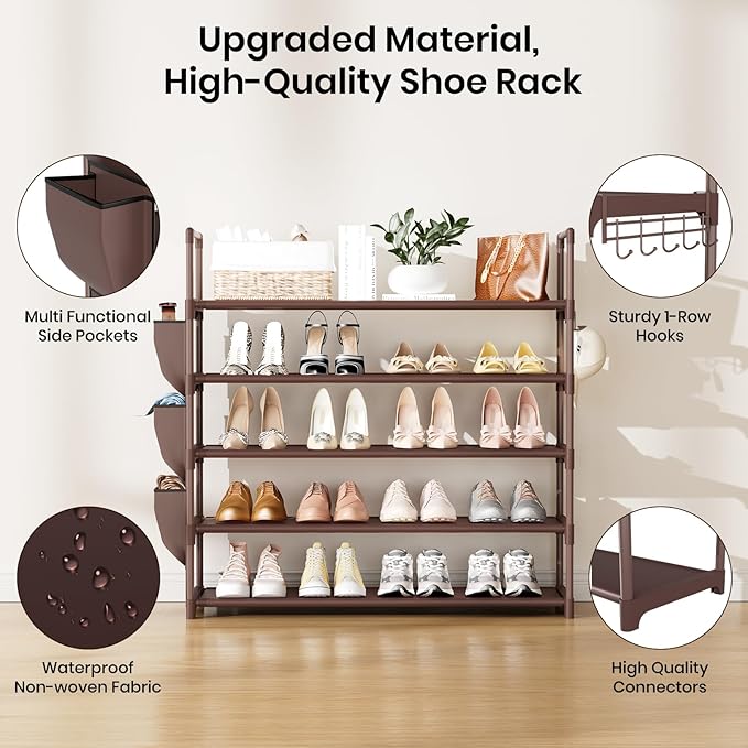 Shoe Rack for Closet Shoe Organizer Space Saver Storage for 20-25 Pair Shoe Shelf with Hook and Side Pocket Free Standing 5 Tier Shoe Rack Organizer for Entryway,Small Spaces, Brown
