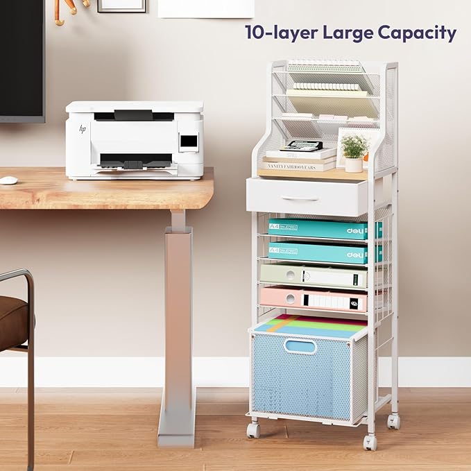 SWTYMIKI 10-Tier Rolling File Cart - Mesh Paper Organizer with Drawer and Hanging File Folders on Lockable Wheels, Rolling File Cabinet for Office Organization, Storage in Home, Studio, School, White