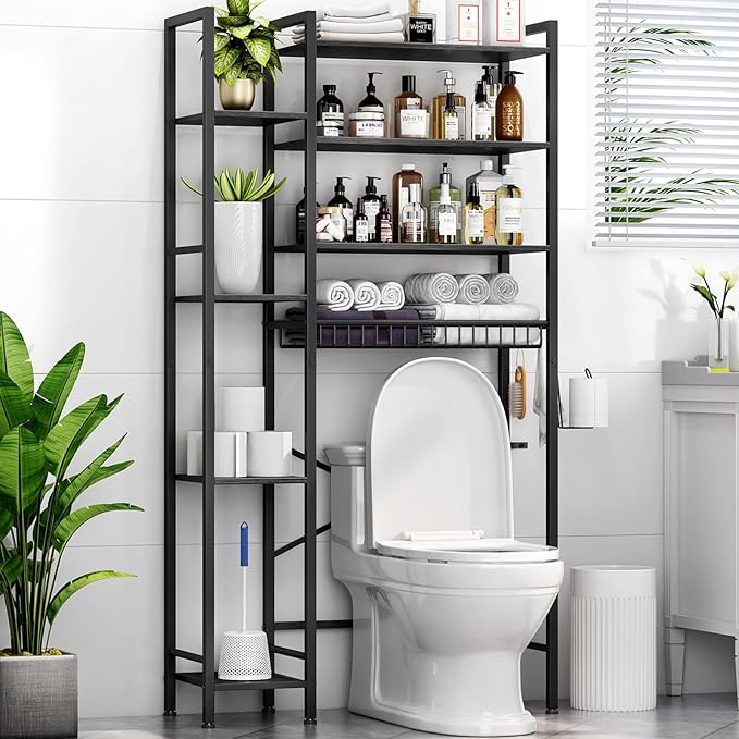 8-Tier Over The Toilet Storage with Side Rack, Over Toilet Storage Rack with Adjustable Shelf & Drain Basket, Freestanding Bathroom Organizer for Balcony, Laundry (Pure Black)
