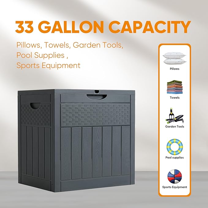 ZYJOYY 33 Gallon Resin Deck Box Waterproof Outdoor Storage Box and Patio Furniture Side Table for Pool Accessories, Gardening Tools, Outdoor Indoor Cushions, Lockable, UV Resistant