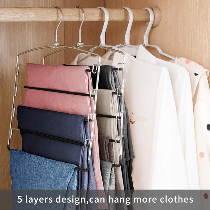 FeeraHozer Pants Hangers Non Slip 3 Pack Space Saving Hangers Multi-Layer Swing Arm Pants Hanger Stainless Steel Space Saver Hanger Closet Storage Organizer for Jeans Trouser Slacks Clothes (Black)